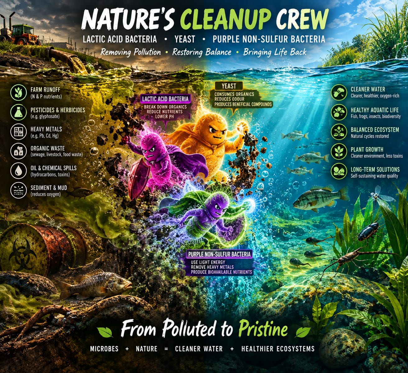 Infographic: lactic acid bacteria, yeast and purple non-sulfur bacteria cleaning polluted water